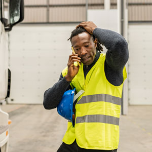 istockphoto-1445404468-2048x2048-crop A worker is talking on the phone with an attorney to get legal help